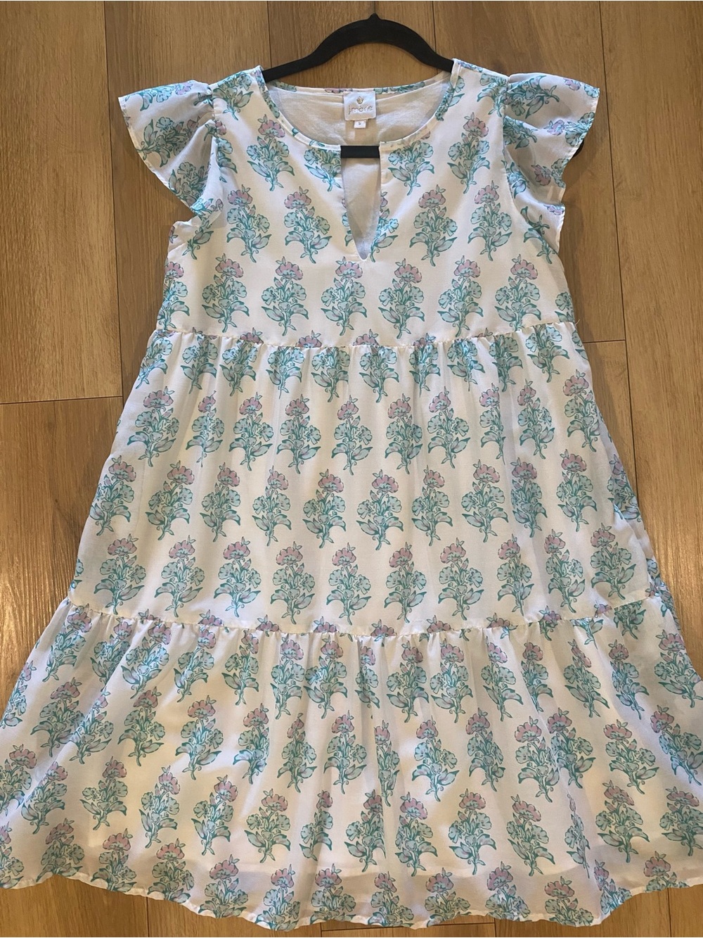 J Marie Small White Floral Tiered Dress with Mint and Pink Print